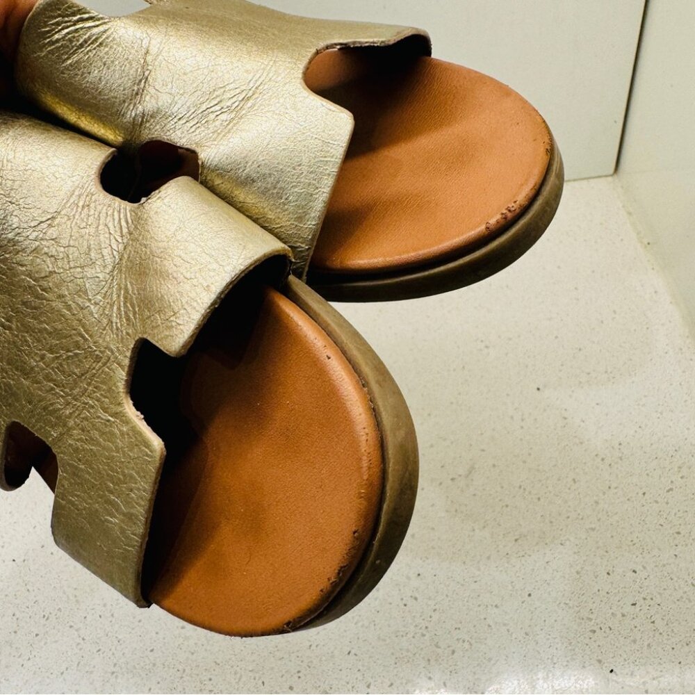 Steve Madden Haydn Hirsh Slide Sandal Gold Shoes Slip On Genuine Leather Sz 7 M - Picture 9 of 11